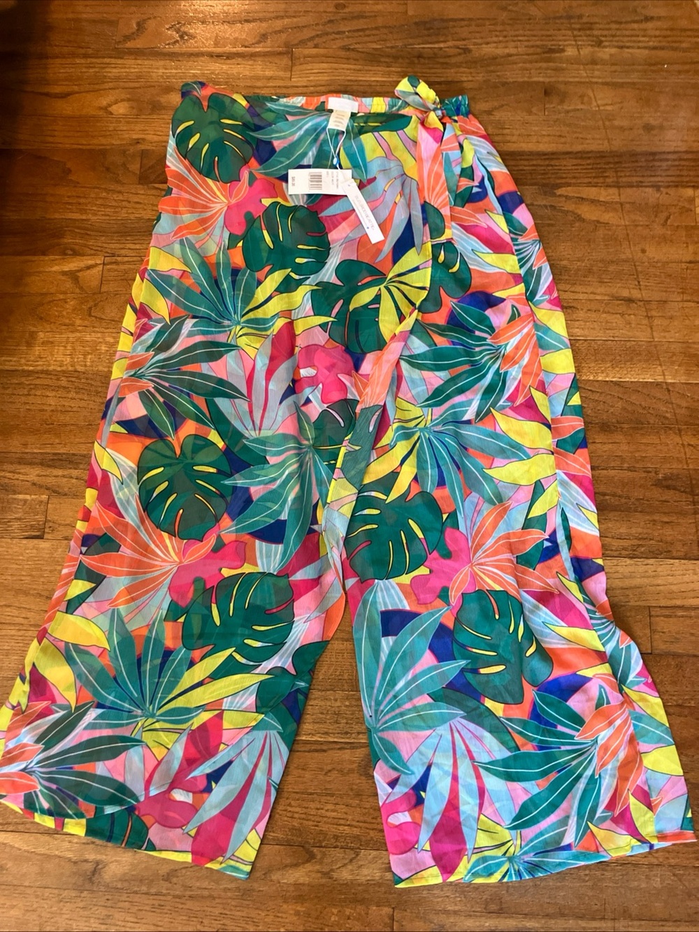 Bleu Rod Beattie Tropical Leaf Print Wide-Leg Pants in Green, Pink, Yellow, Blue